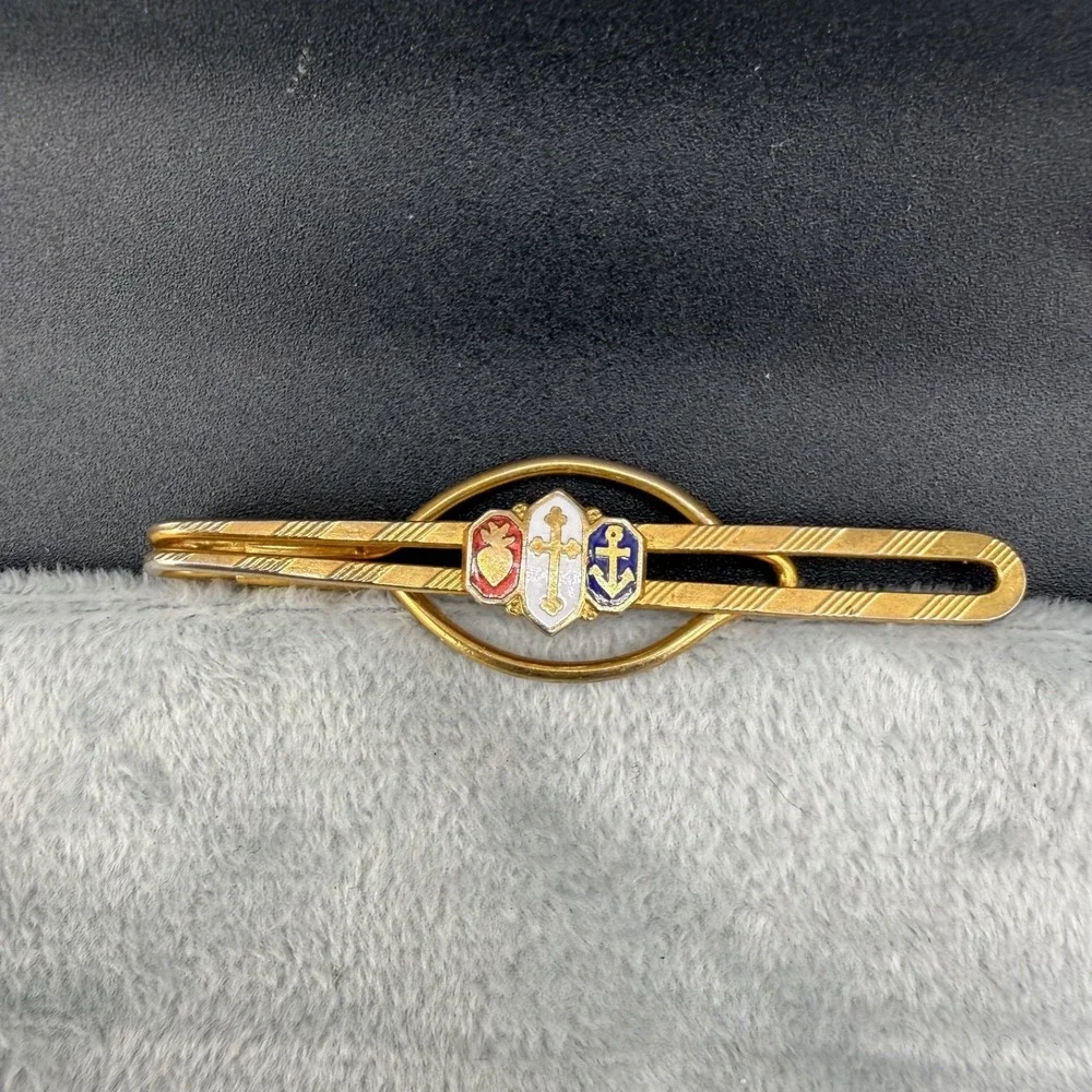 Vintage‎ Tie Bar Gold Tone Religious Anchor Sacred Heart Cross Dad Gift